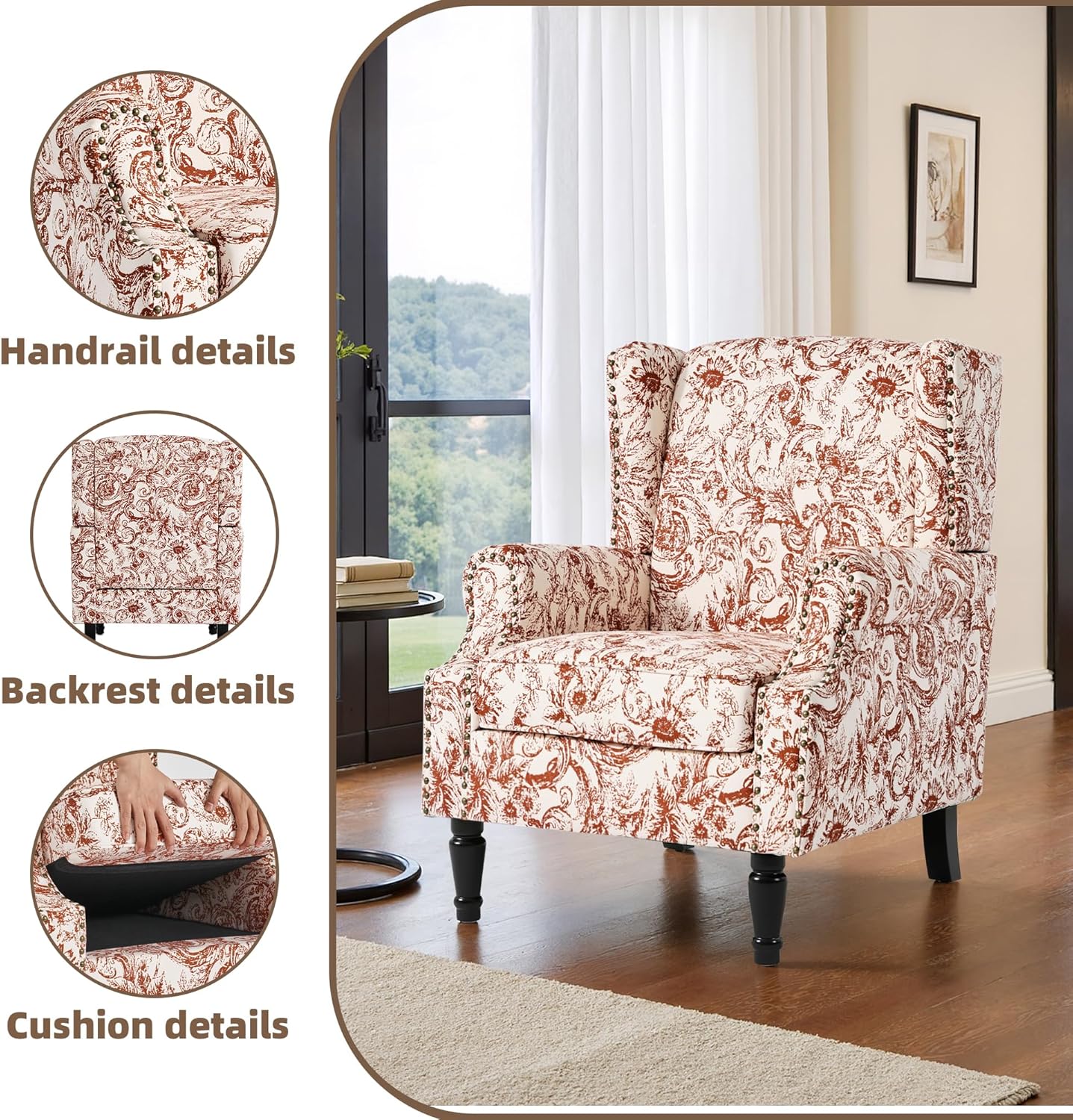 Swivel Rocker Recliner Chair, Manual Nursery Glider Recliner, Floral Fabric Wingback Accent Chair with Adjustable Backrest & Footrest for Small Spaces Living Room Bedroom (Plants Floral, Set of 1)