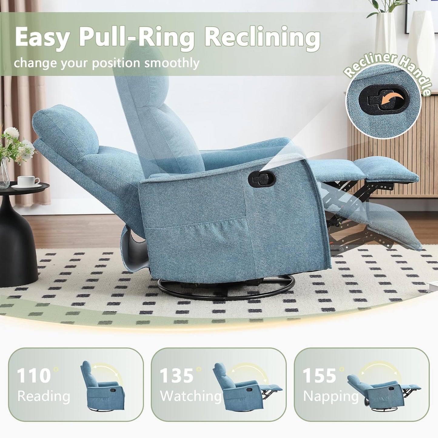 cinkehome Swivel Rocker Recliner, Glider Rocker Recliner Chair for Nursery, Manual Reclining Chair with Heated Massage, Small Spaces, Living Room, Khaki Chenille