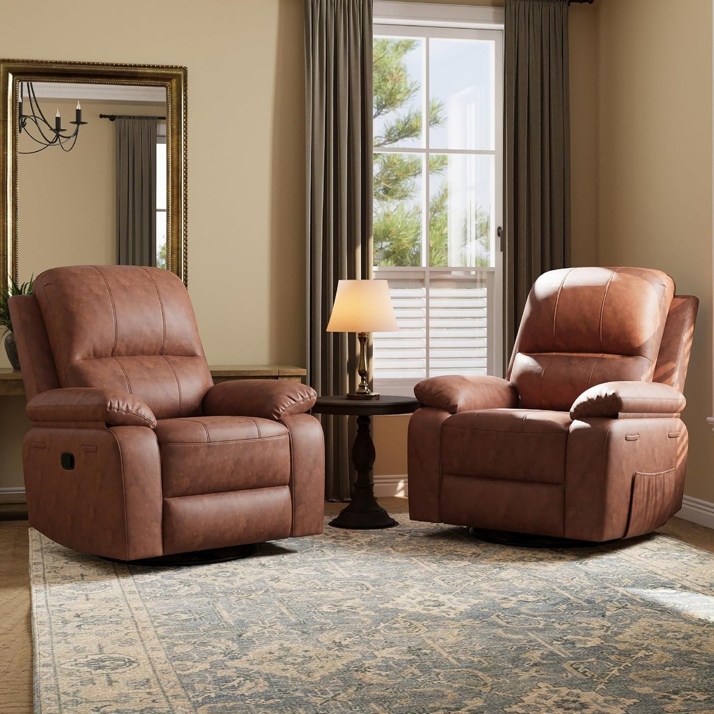 Leather Swivel Rocker Recliner Chair, Traditional Manual Chair, Upholstered Nursery Glider Rocking Recliner, Comfy Faux Leather Single Sofa with Pocket Spring for Living Room, Camel