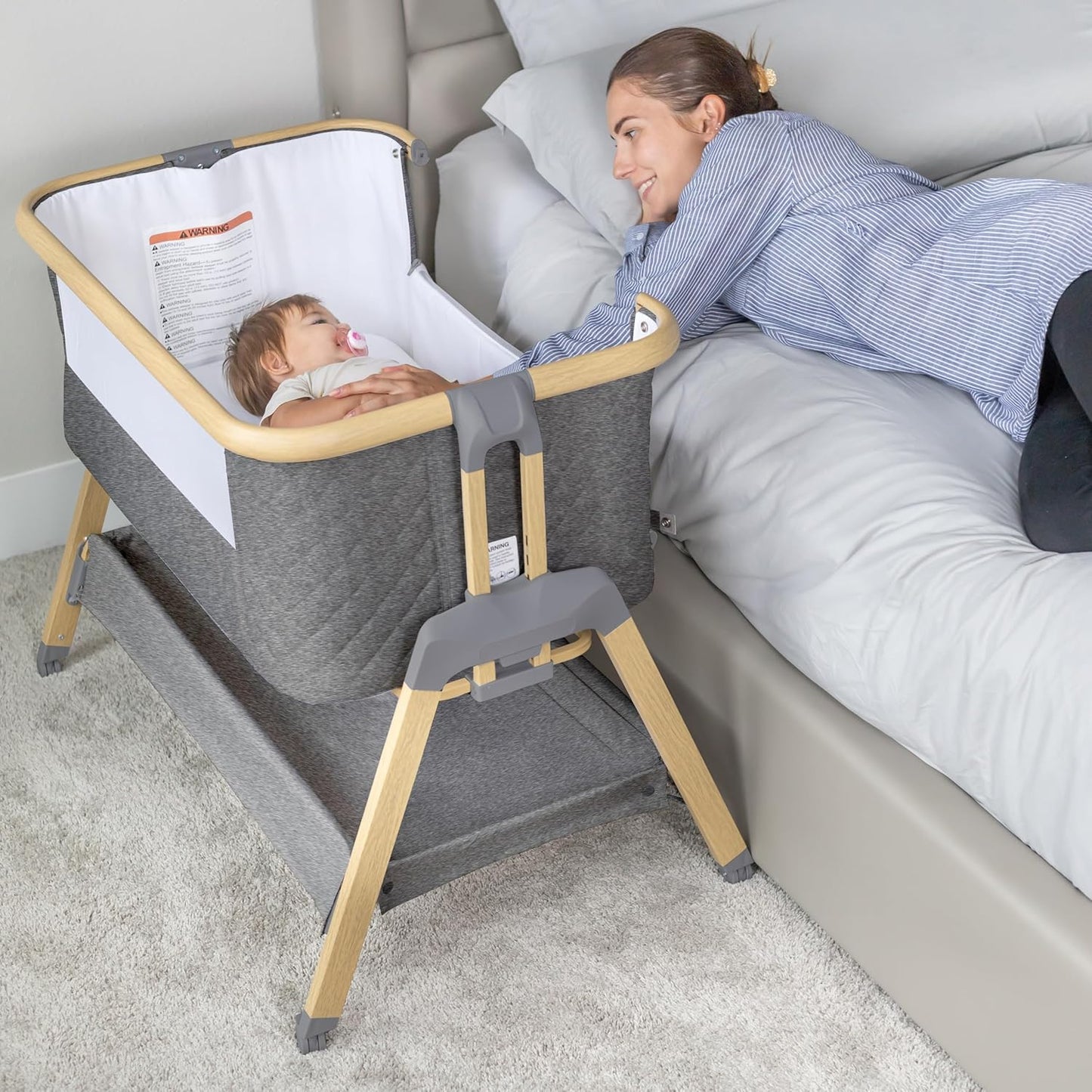 3 In 1 Baby Bassinet with Wheels, Portable Bedside Sleeper for Baby with 7 Adjustable Heights and Foam Mattress, Baby Bedside Crib for Newborns and Infants with Storage Basket, Carry Bag Included