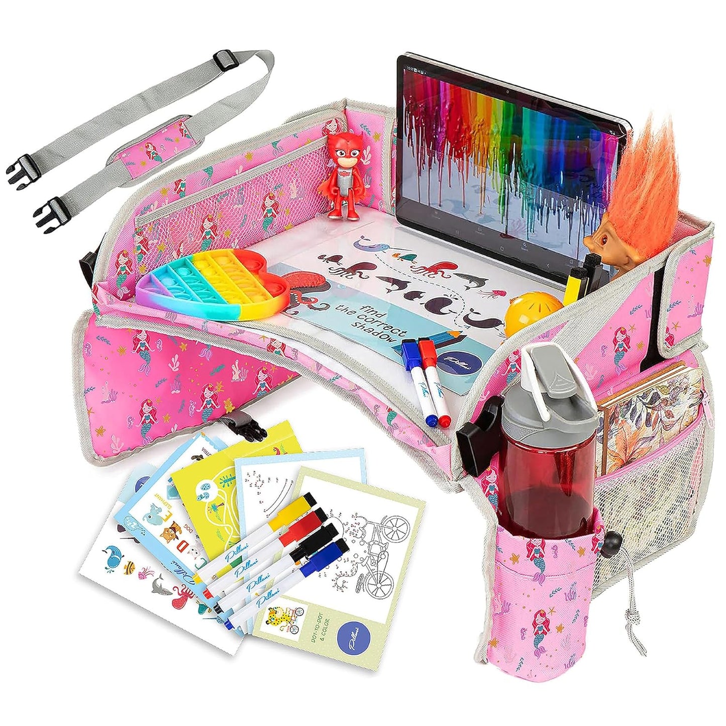 PILLANI Kids Travel Tray for Car Seat - Carseat Tray w/ iPad Holder & Dry Erase Board, Road Trip Activities - Toddler Lap Desk Organizer for Airplane - Roadtrip & Travel Essentials - Pack of 2, Pink