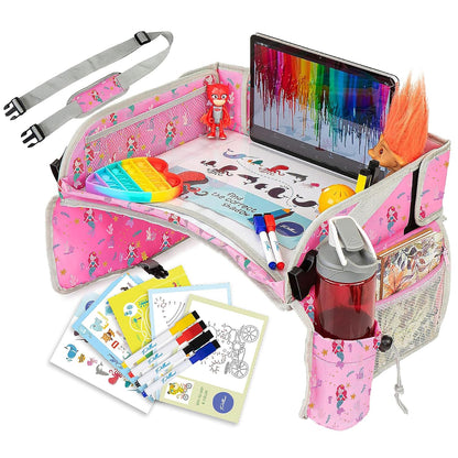 PILLANI Kids Travel Tray for Car Seat - Carseat Tray w/ iPad Holder & Dry Erase Board, Road Trip Activities - Toddler Lap Desk Organizer for Airplane - Roadtrip & Travel Essentials - Pack of 2, Pink