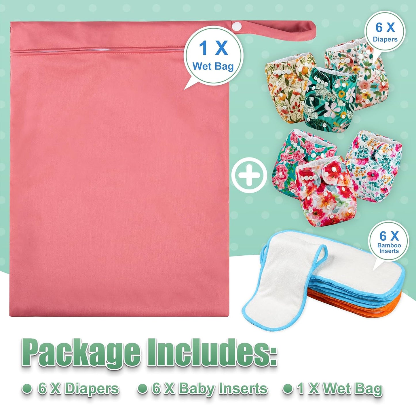 wegreeco Cloth Diapers 6 Pack with 6 Inserts & 1 Wet Bag, Washable Cloth Diapers for Babies, One Size Adjustable Reusable (Flower)