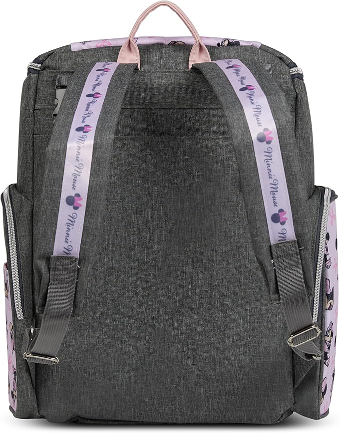 Disney Diaper Bag Backpack with Changing Pad Minnie Mouse – 16” Nylon Baby Bag for Parents, Insulated Bottle Holders, Multiple Storage Pockets