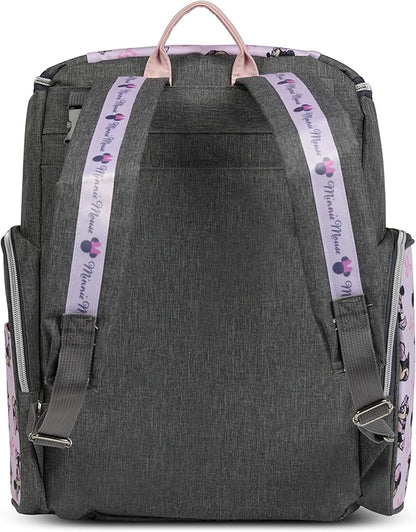 Disney Diaper Bag Backpack with Changing Pad Minnie Mouse – 16” Nylon Baby Bag for Parents, Insulated Bottle Holders, Multiple Storage Pockets