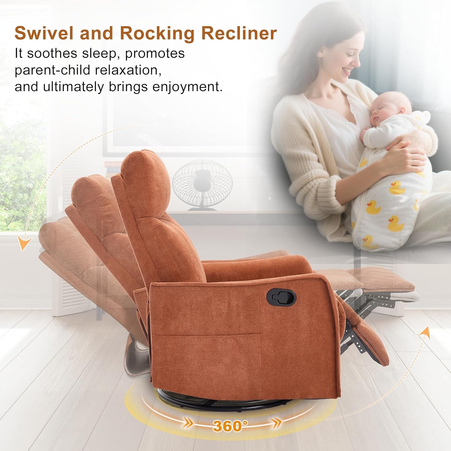 Manual 360° Swivel Rocker Recliner Chair for Adults, Overstuffed Glider Chair for Nursery with Vibration Massage and Heat, Comfy Soft Fabric Glider with Side Pockets for Living Room, Beige