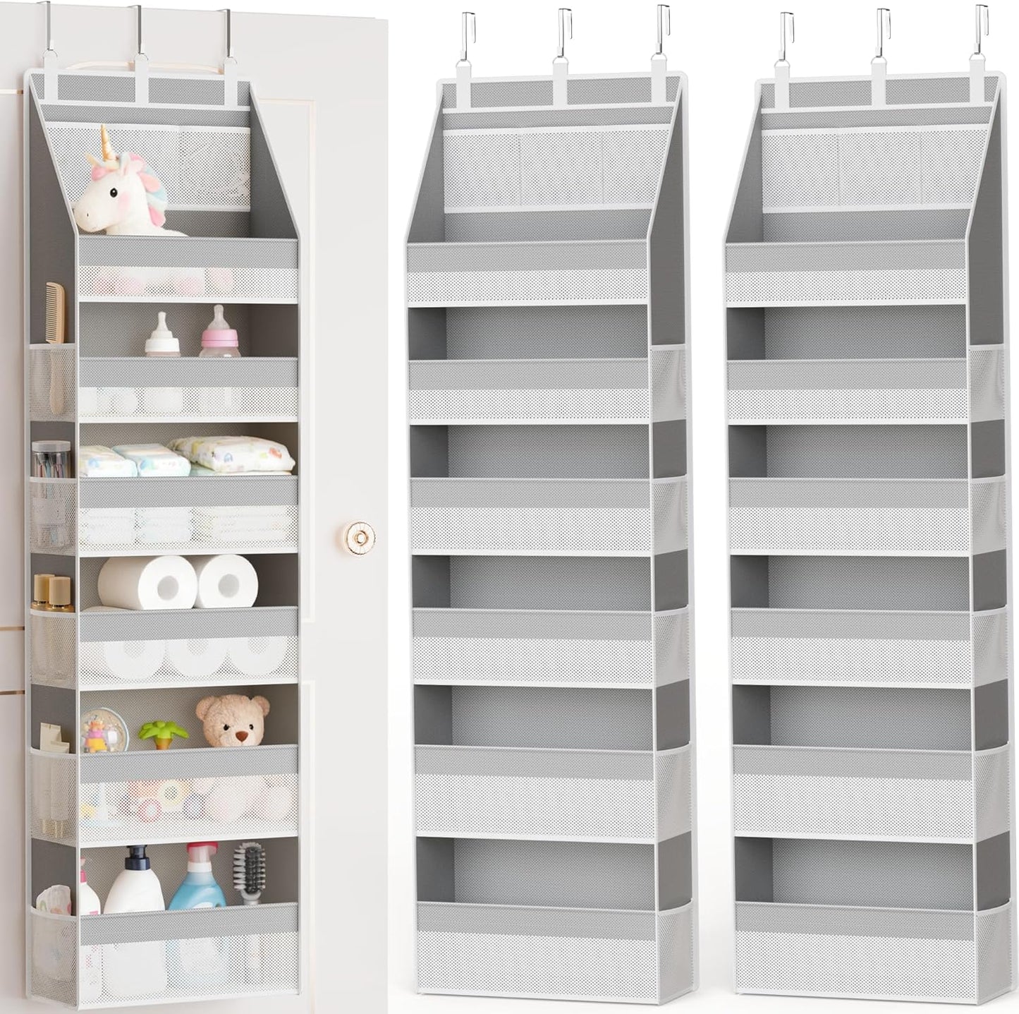 Criusia Over the Door Organizer, 6-Shelf Closet Hanging Storage with 13 Mesh Pockets, 55lbs Capacity Behind the Door Storage for Baby Nursery, Bathroom, Bedroom, and Dorm, Beige