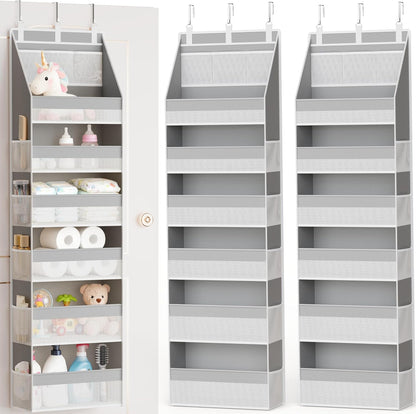 Criusia Over the Door Organizer, 6-Shelf Closet Hanging Storage with 13 Mesh Pockets, 55lbs Capacity Behind the Door Storage for Baby Nursery, Bathroom, Bedroom, and Dorm, Beige