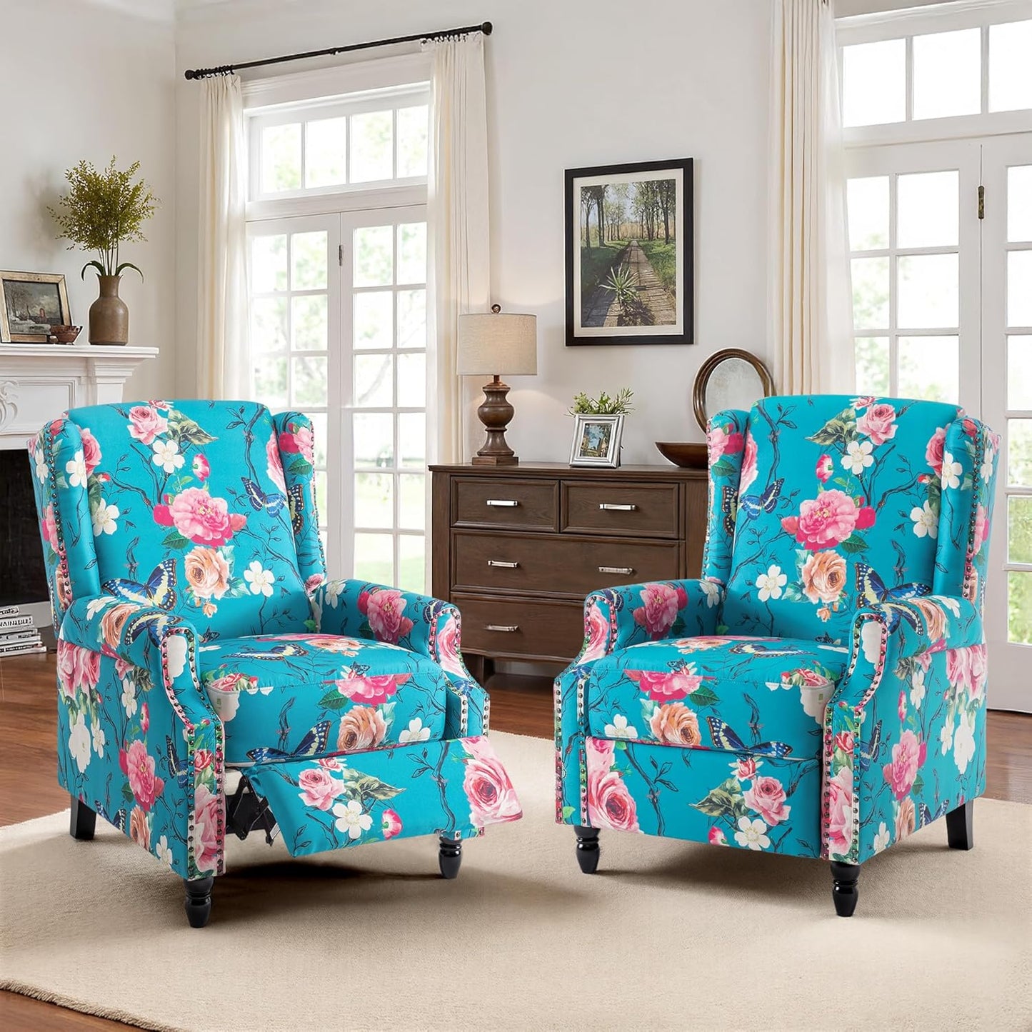 Swivel Rocker Recliner Chair, Manual Nursery Glider Recliner, Floral Fabric Wingback Accent Chair with Adjustable Backrest & Footrest for Small Spaces Living Room Bedroom (Plants Floral, Set of 1)