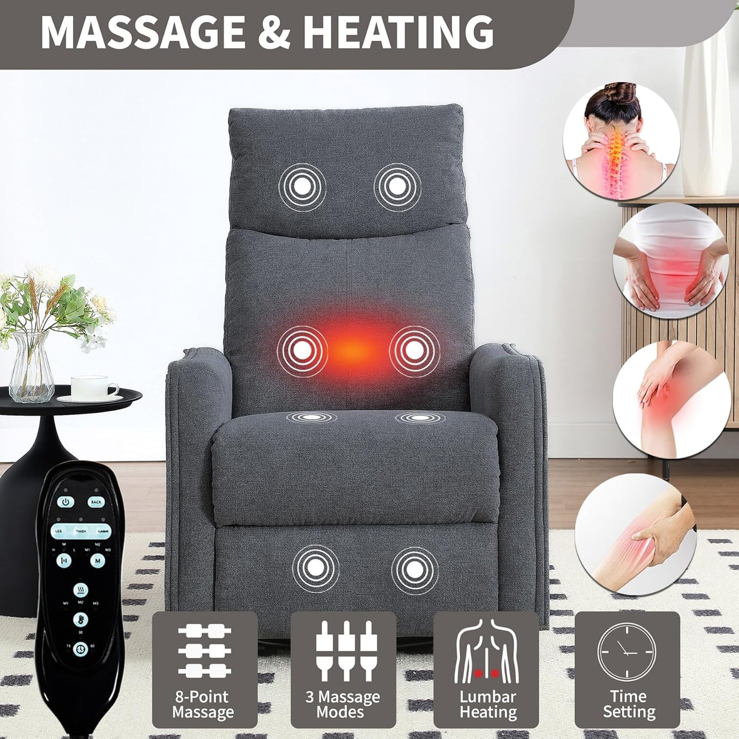 Massage Chair Recliner with Heat, Swivel Rocking Chair Recliner with High Back, Manual Nursery Recliners for Adults,Small Recliner Chair for Small Spaces, Living Room Bedroom, Fabric (Blue Green)