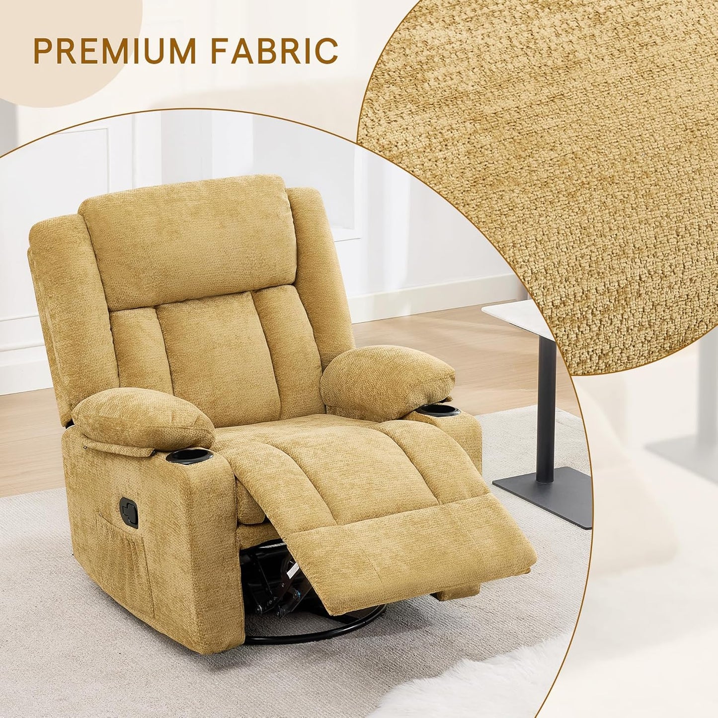 Swivel Rocker Recliner Chair, Lazy Boy Recliner with Cup Holders, 360 Degree Rotating Nursery Rocking Chair, Manual Glider Recliner for Living Room (1, Yellow)
