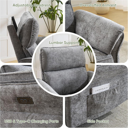 Oversized Glider Rocker Recliner, 26" Extra Wide 360° Swivel Nursery Recliner with Adjustable Headrest, Chenille Rocking Nursery Chair with Overstuffed Armrest, Lumbar Support, Light Grey