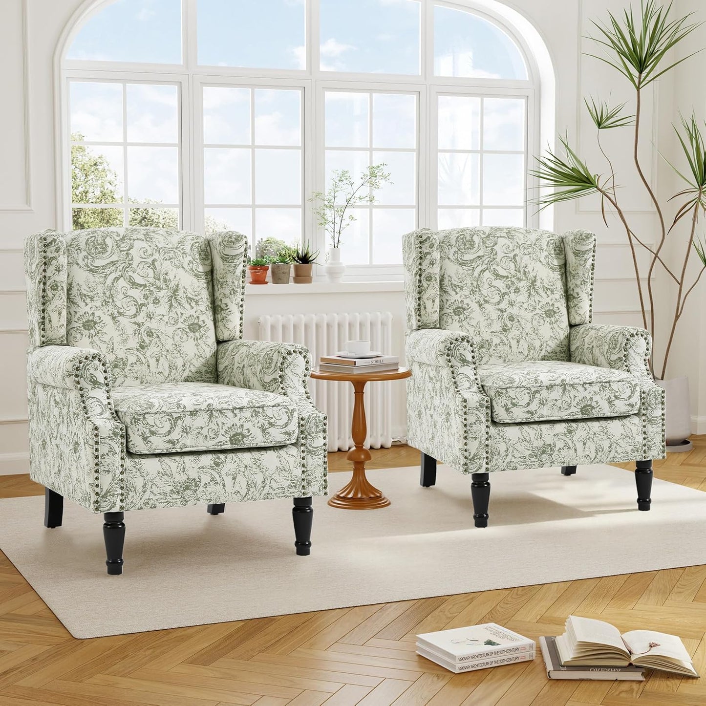 Swivel Rocker Recliner Chair, Manual Nursery Glider Recliner, Floral Fabric Wingback Accent Chair with Adjustable Backrest & Footrest for Small Spaces Living Room Bedroom (Plants Floral, Set of 1)