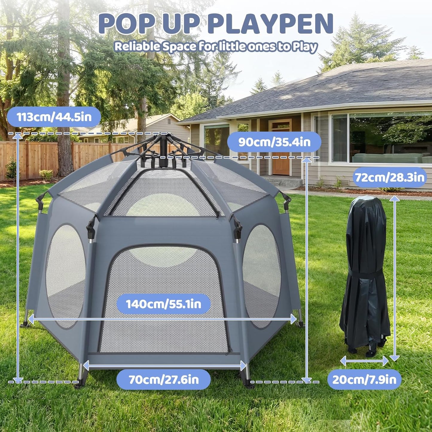 Pop Up Playpen for Baby - Instant Setup Portable Playard with UV Canopy & Mosquito Net - Indoor Outdoor Travel Crib with Carry Bag Grey