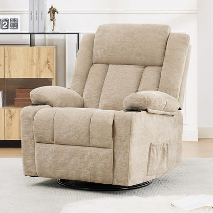 Swivel Rocker Recliner Chair, Lazy Boy Recliner with Cup Holders, 360 Degree Rotating Nursery Rocking Chair, Manual Glider Recliner for Living Room (1, Yellow)