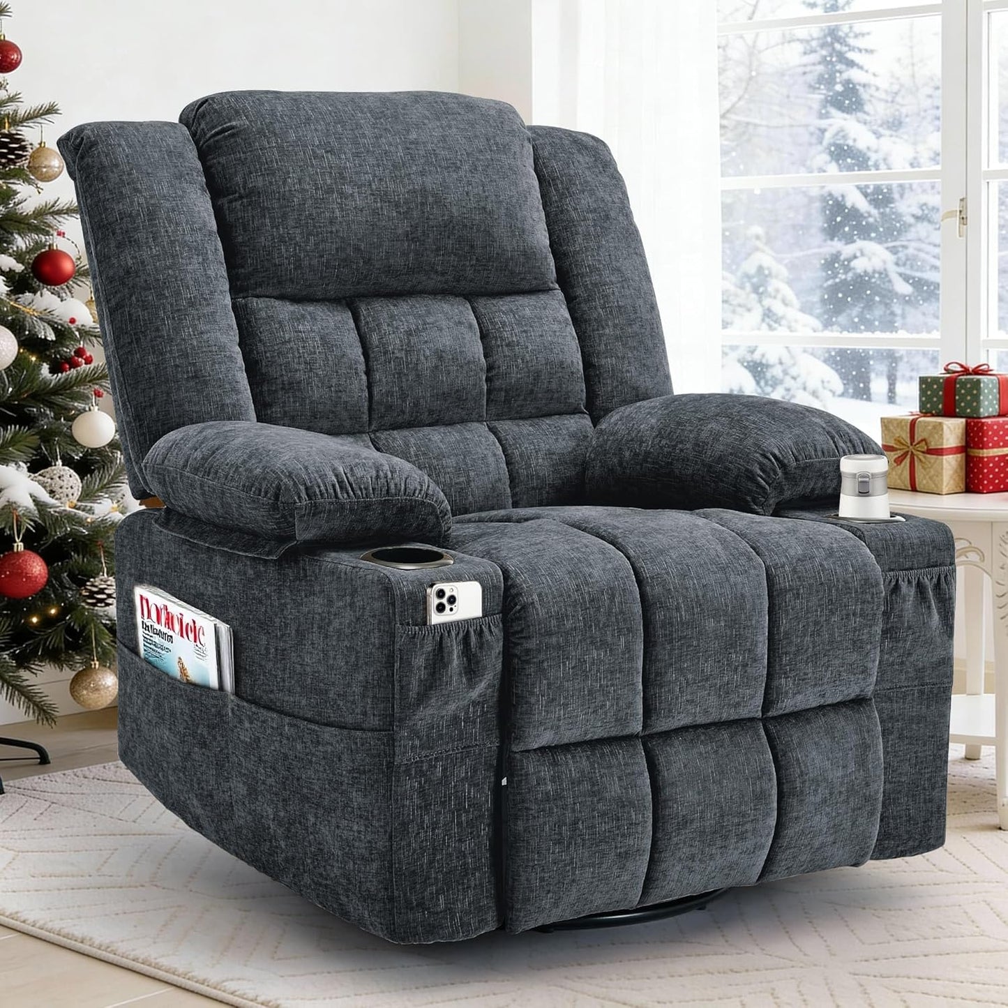 Korser 360° Swivel Rocker Recliner for Adults, Nursery Glider Recliner with Massage and Heating, Rocking Chair with Cup Holder, Manual Recliner Chair for Living Room, Bedroom (Fabric, Beige)
