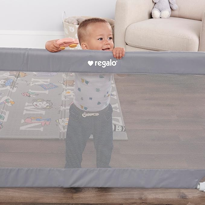 Regalo Safety 27.5-50” Extra Wide Mesh Baby Gate for Doorways & Hallways, Expandable Pressure Mounted Baby Gate for Toddlers & Pets, Includes Rubber Bumpers, Gray