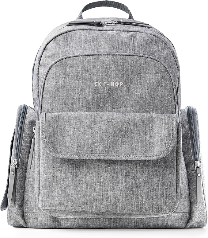 Skip Hop Diaper Bag Backpack with Portable Changing Pad, 9 Total Pockets, Easy-Access Wipes Pocket, Zippered Side Pocket, Luggage Sleeve & Stroller Straps, Fits a 15” Laptop, Luna, Heather Grey