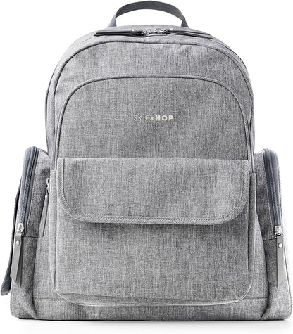 Skip Hop Diaper Bag Backpack with Portable Changing Pad, 9 Total Pockets, Easy-Access Wipes Pocket, Zippered Side Pocket, Luggage Sleeve & Stroller Straps, Fits a 15” Laptop, Luna, Heather Grey