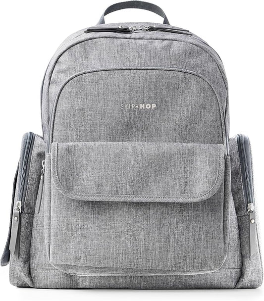 Skip Hop Diaper Bag Backpack with Portable Changing Pad, 9 Total Pockets, Easy-Access Wipes Pocket, Zippered Side Pocket, Luggage Sleeve & Stroller Straps, Fits a 15” Laptop, Luna, Heather Grey