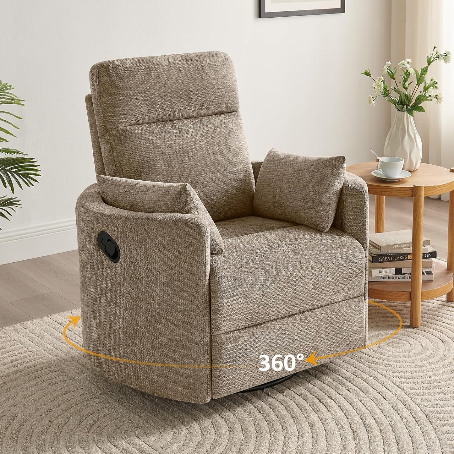 Nursery Rocking Chair, Oversized 360° Swivel Glider Recliner Chair, Upholstered Nursery Rocker with 2 Pillows and Footrest, Cozy Reclining Sofa for Living Room, Bedroom, Nursing, Olive