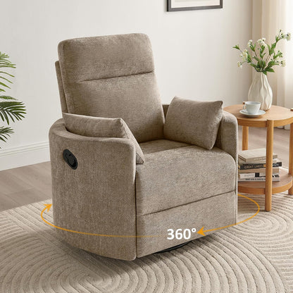 Nursery Rocking Chair, Oversized 360° Swivel Glider Recliner Chair, Upholstered Nursery Rocker with 2 Pillows and Footrest, Cozy Reclining Sofa for Living Room, Bedroom, Nursing, Olive