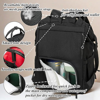 Diaper Bag Backpack for Dad and Mom with USB Charging Port Stroller Straps and Insulated Pocket,army military Travel Nappy Backpack for Daddy/Mommy (Black)