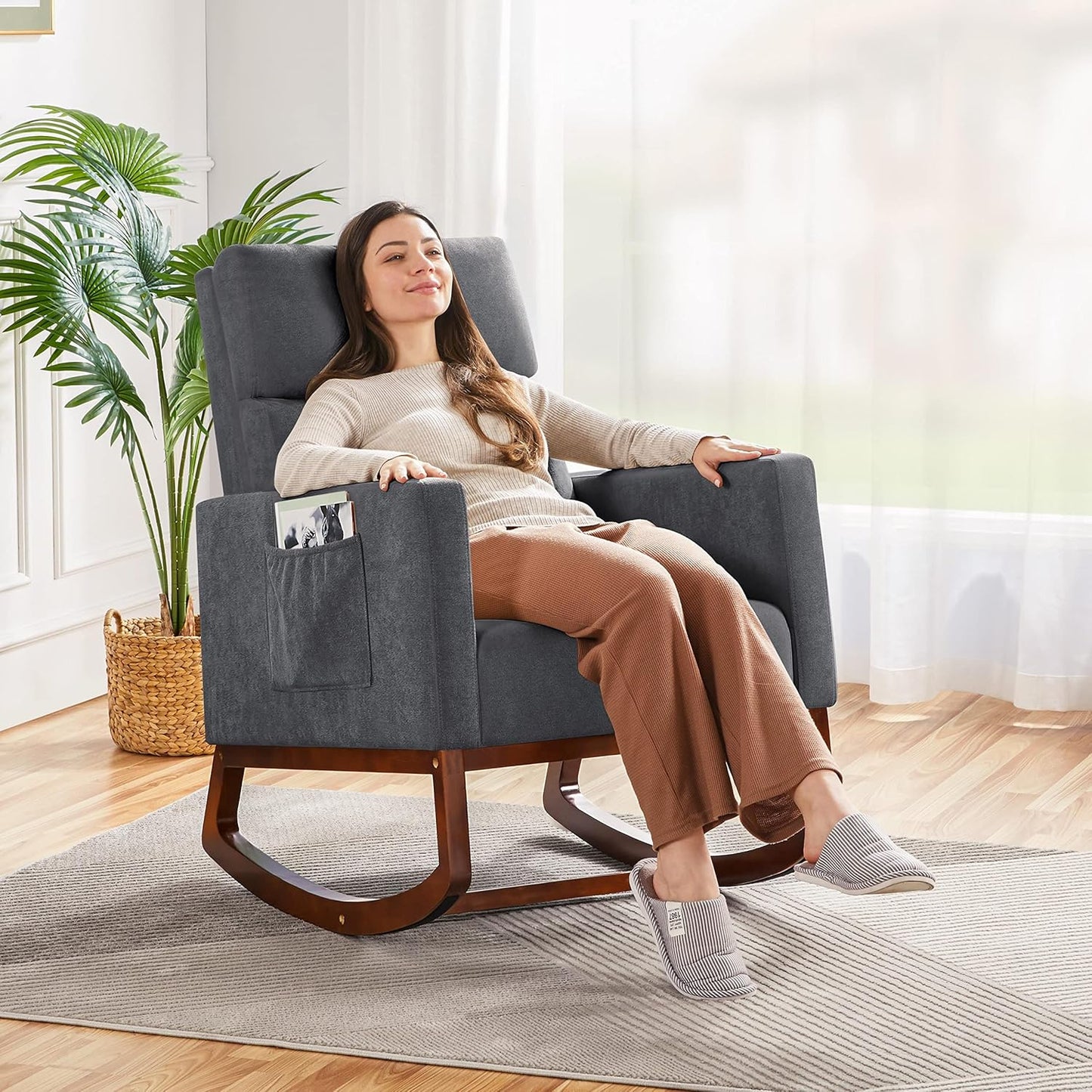 Topeakmart Nursery Rocking Chair, PU Leather Modern Accent Chair with Wood Legs Side Pocket Armchair Glider Rocker for Nursery Living Room Bedroom Lounge, Brown