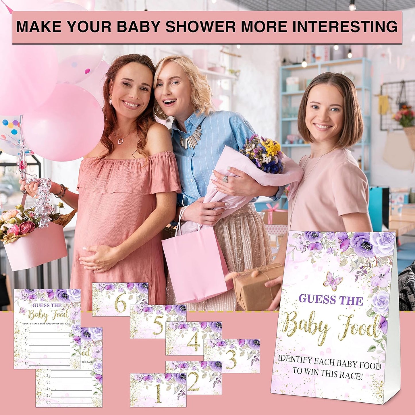 Guess the Baby Food Party Games, Baby Shower Game Set, 1 Standing Sign + 25 Answer Cards + 6 Number Cards, Boho Wild West Gender Reveal Party Decoration Supplies -B05
