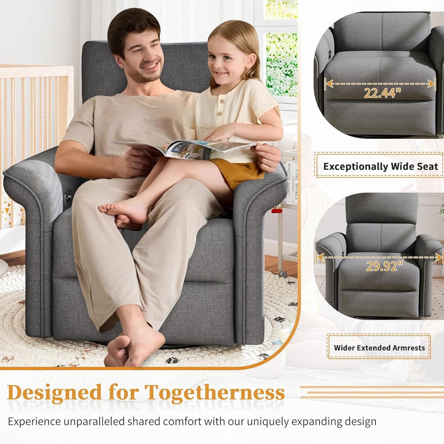 Power Swivel Rocker Recliner Chair for Nursery, Upholstered Snowflake Velvet 270°Swivel Glider Rocker Chair with USB Ports, Small Power Recliners for Small Spaces Living Room