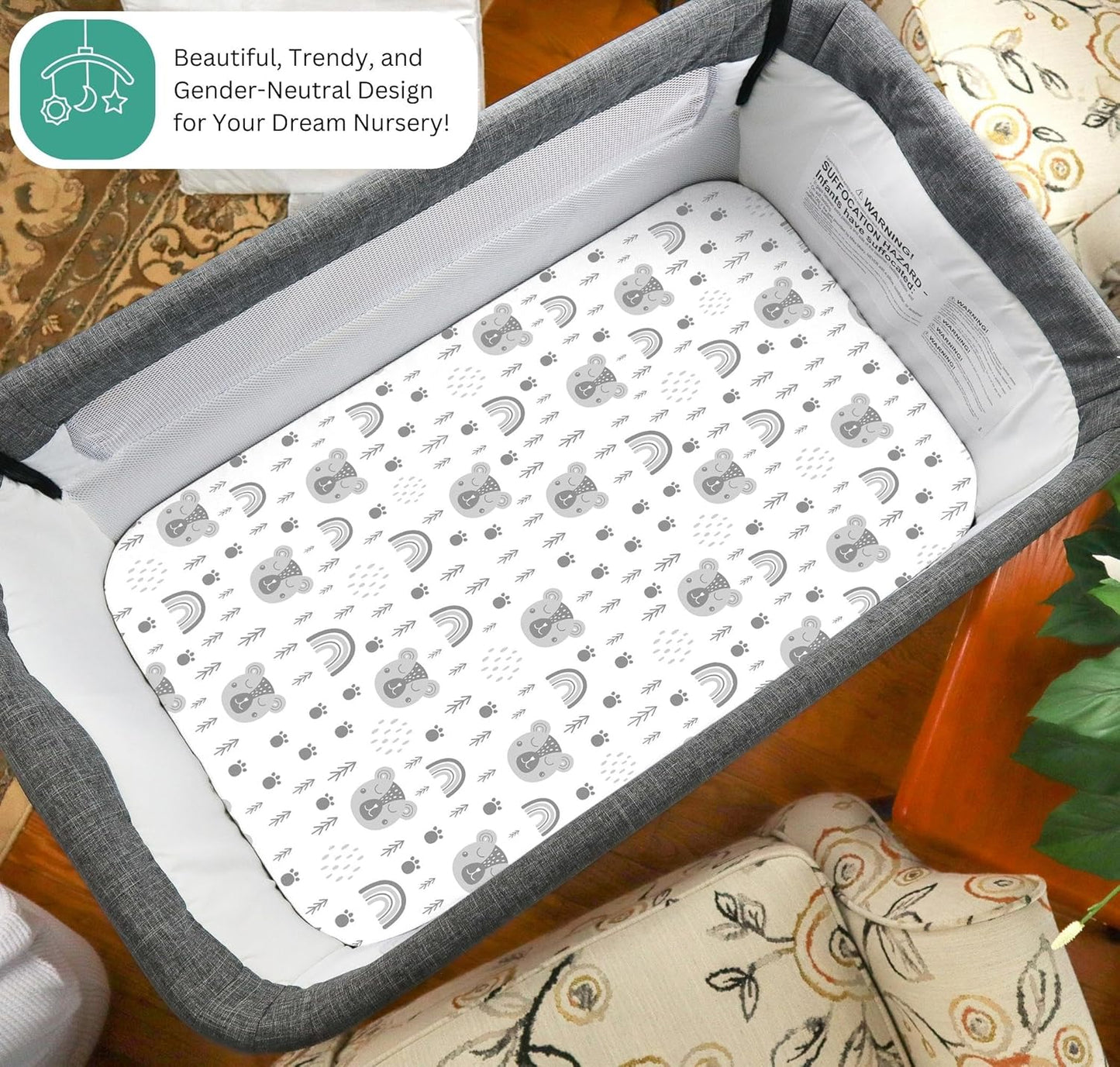 Bassinet Sheets for Papablic, CoZee, Cowiewie, Ezebaby, Nawahev Baby Bassinet Bedside Sleeper by TansyPanda, 3PC, 33x20, Ultra Soft, Breathable Snug Fit, Unisex Boys Girls, Gray White (Space Rockets)