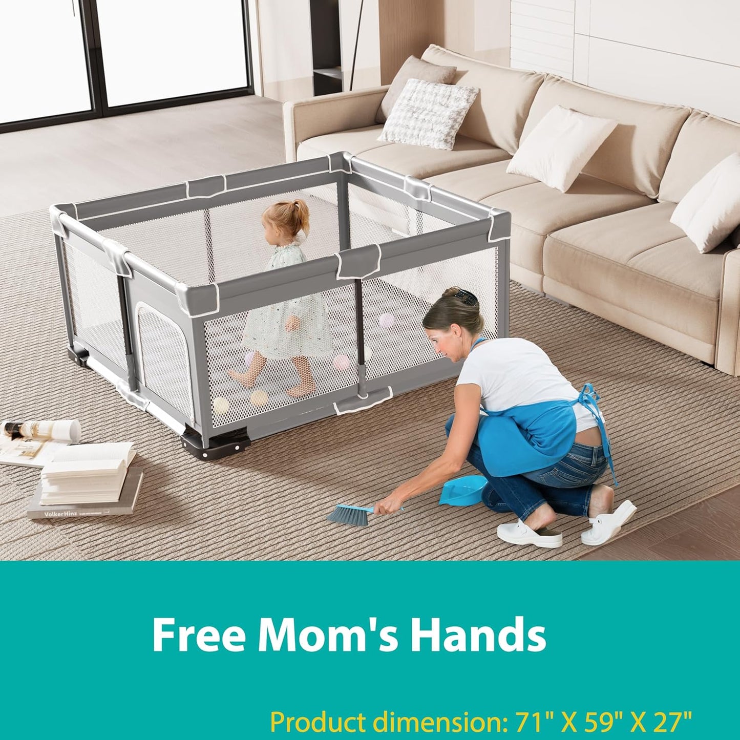 ICAREWAY Foldable Playpen for Babies and Toddlers, 50x50 Inches Portable Playpen, Kids Collapsible Play Pen with 2 Handlers, Indoor & Outdoor Baby Fence Play Area with Visible Mesh, Dark Gray