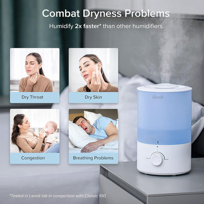 LEVOIT Dual 200S Smart Humidifiers for Bedroom, Top Fill, Customize Humidity for Home, Baby Nursery & Plants with Humidistat, Essential Oil Diffuser, Schedule, Timer, APP & Voice Control, 3L, Blue