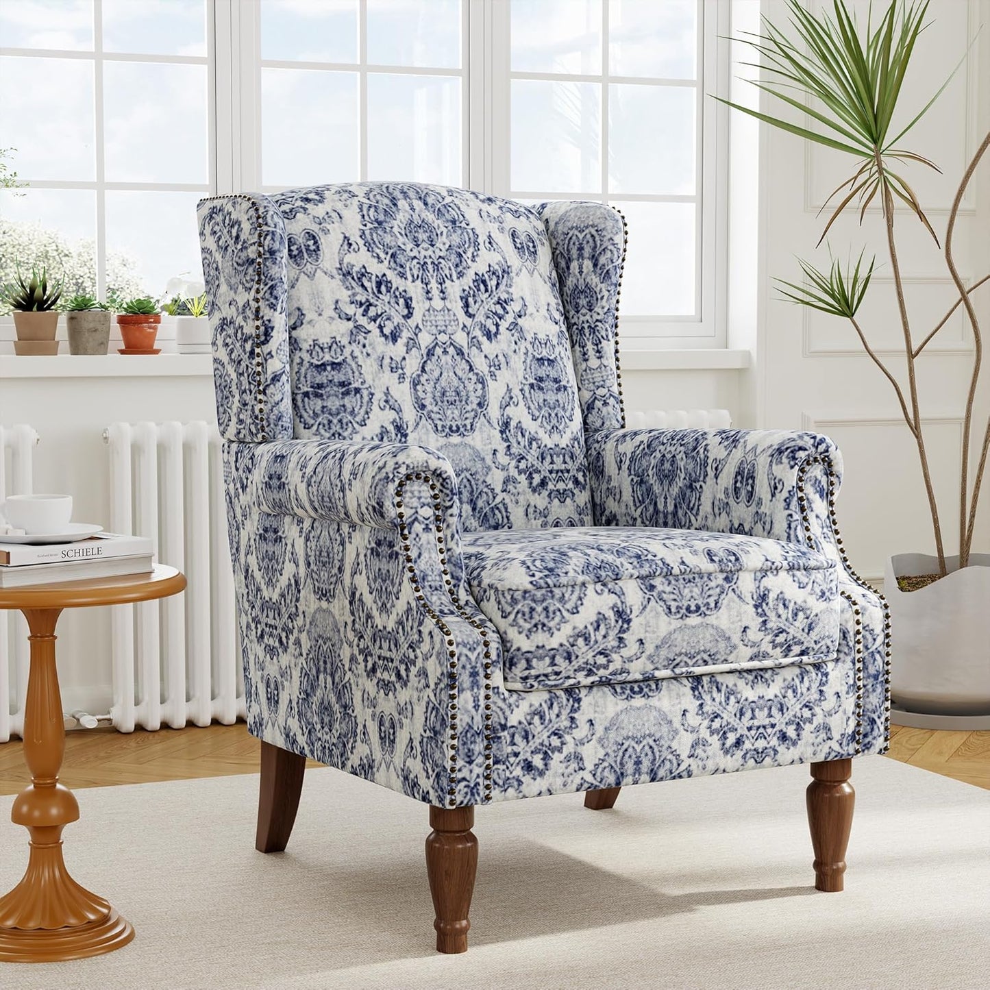 Swivel Rocker Recliner Chair, Manual Nursery Glider Recliner, Floral Fabric Wingback Accent Chair with Adjustable Backrest & Footrest for Small Spaces Living Room Bedroom (Plants Floral, Set of 1)