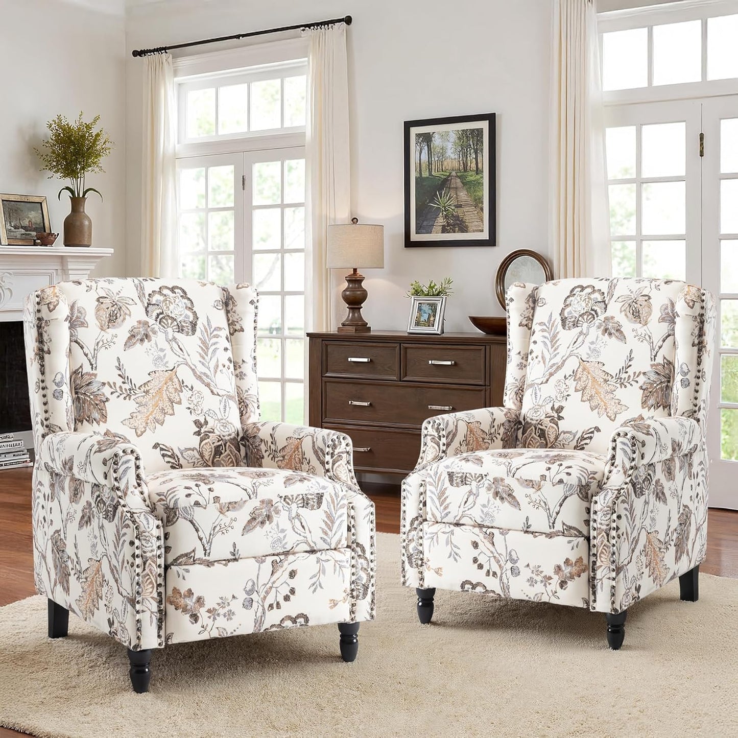 Swivel Rocker Recliner Chair, Manual Nursery Glider Recliner, Floral Fabric Wingback Accent Chair with Adjustable Backrest & Footrest for Small Spaces Living Room Bedroom (Plants Floral, Set of 1)