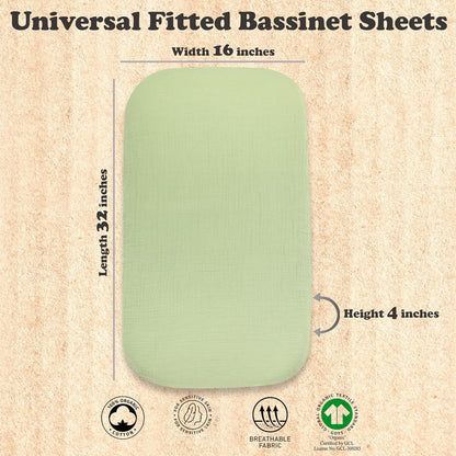 3-Pack Bedside Sleeper Bassinet Sheets | GOTS Certified Organic 100% Muslin Cotton | Ultra Soft & Breathable | 33×20×4” Fitted Sheets | Universal Fit 29–33” x 17–21” Pads
