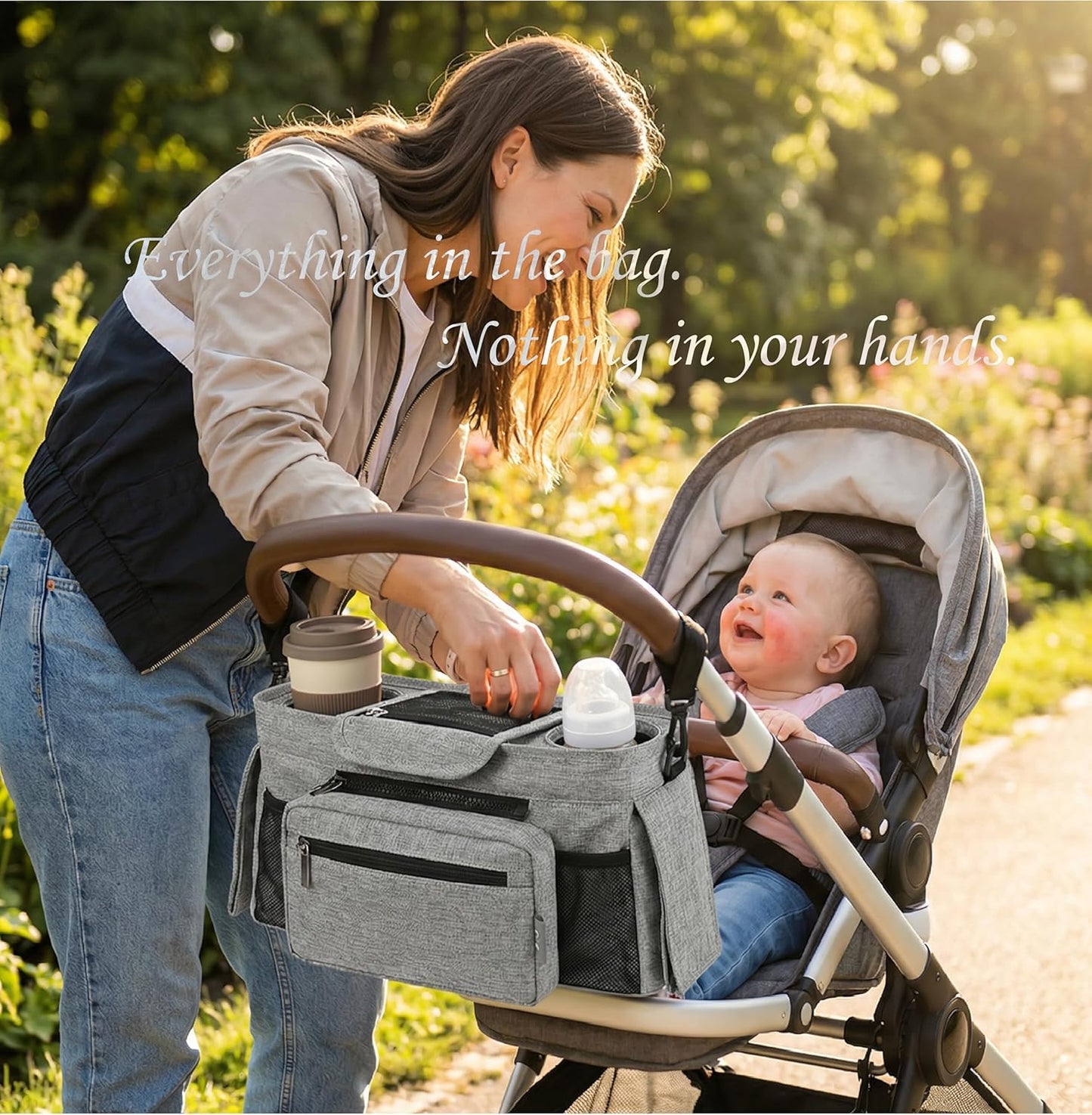 Universal Stroller Organizer, Grey - 2 Insulated Cup Holders - Non-Slip Stroller Caddy Bag - Detachable Phone Pouch - Fits Uppababy, Nuna - New Mom Essentials
