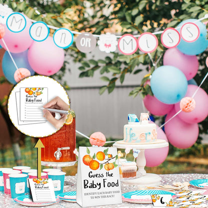 Guess the Baby Food Party Games, Baby Shower Game Set, 1 Standing Sign + 25 Answer Cards + 6 Number Cards, Boho Wild West Gender Reveal Party Decoration Supplies -B05