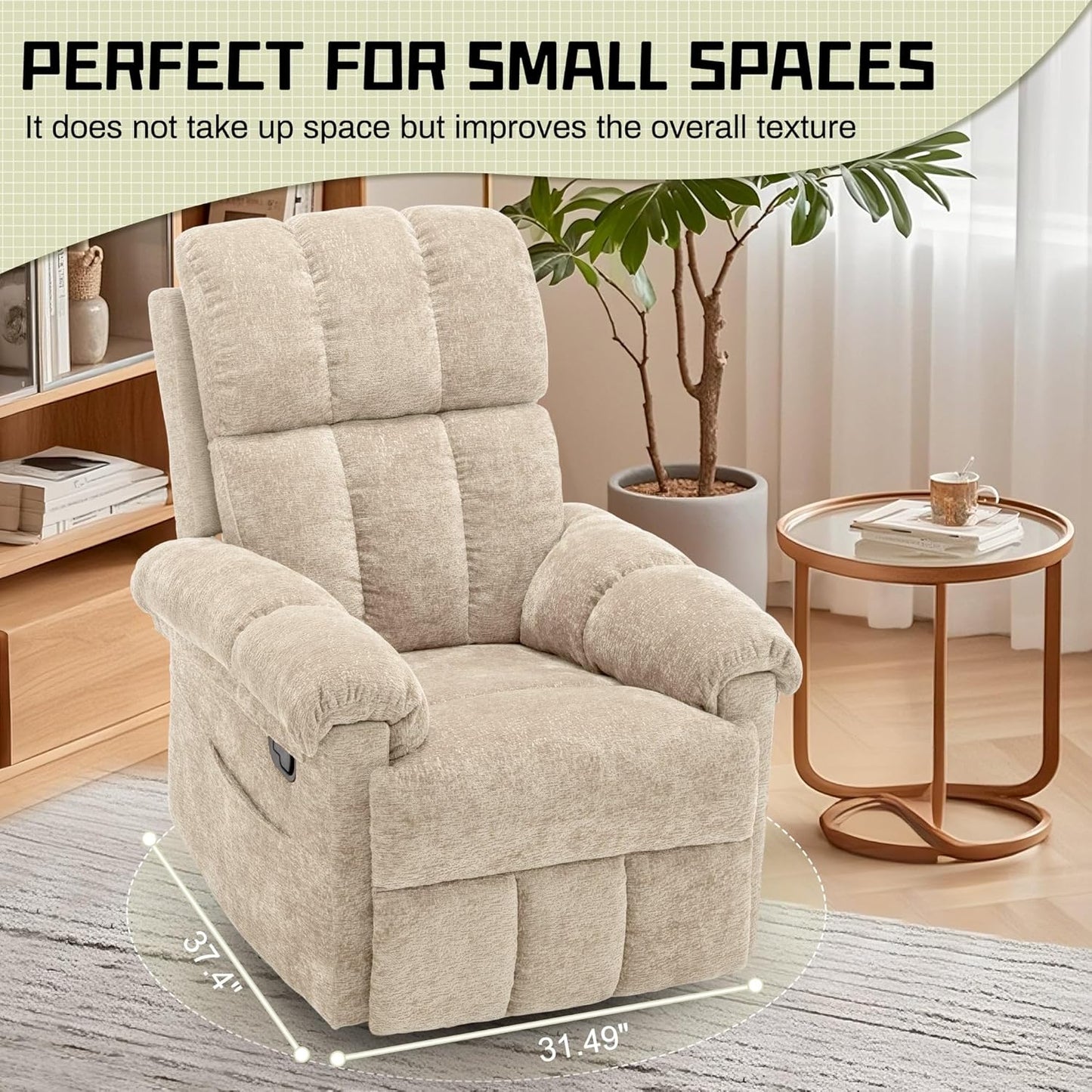 Korser Recliner Chair, Swivel Rocker Recliner Chair for Adults, Small Recliners for Small Spaces, Upholstered Manual Recliner with Side Pockets, Nursery Rocking Chair for Living Room, Chenille, Beige