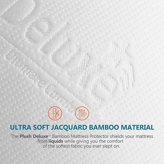 PlushDeluxe Premium Bamboo Mattress Protector – Queen Size, Waterproof, & Ultra Soft Breathable Noiseless Washable Bed Mattress Cover for Comfort & Protection - White