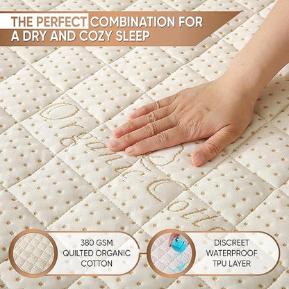 Luxury Quilted Organic Cotton Mattress Protector Calif King Size - Premium 380 GSM Waterproof & Breathable Pad - Deep Pocket Fitted Cover - Soft & Silent Protection