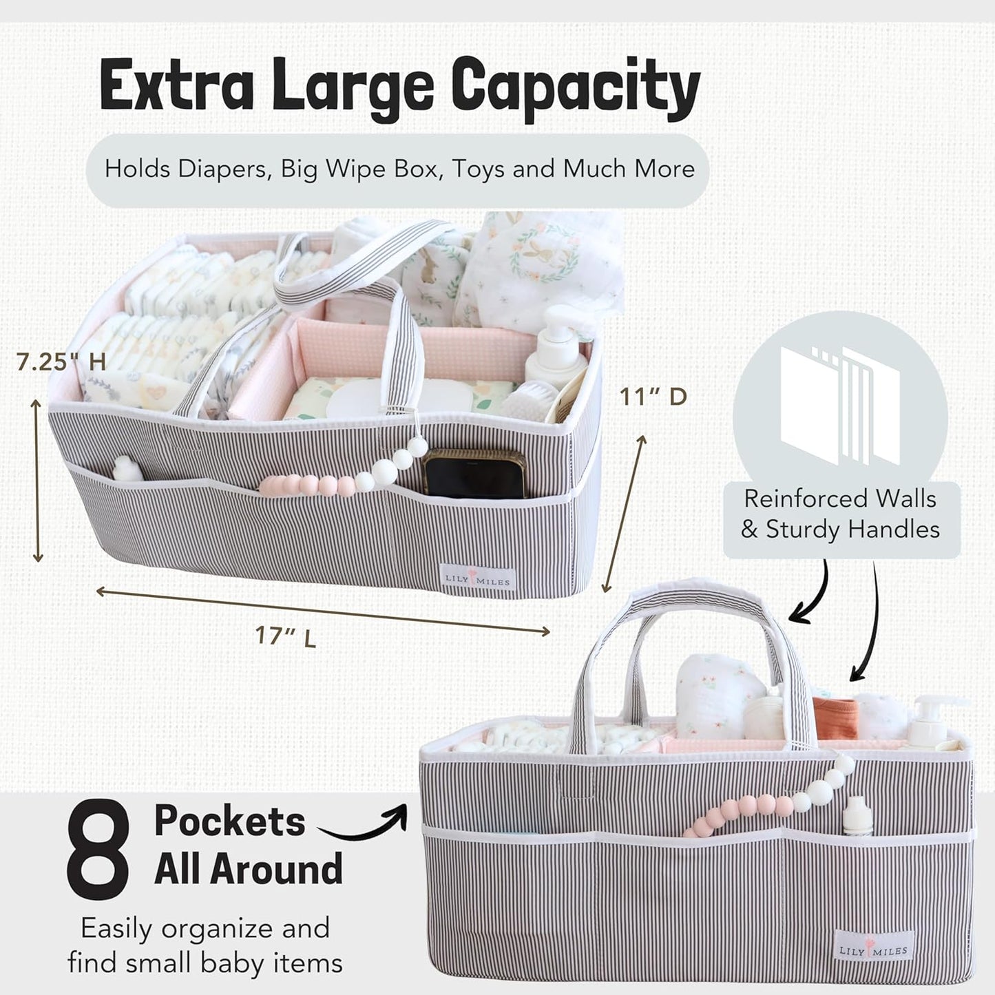 Lily Miles Baby Diaper Caddy Organizer - Large Tote Bag for Newborn essentials Boy or Girl - Baby Shower Basket - Nursery Must Haves - Registry Favorites - Newborn Caddie Car Organizer