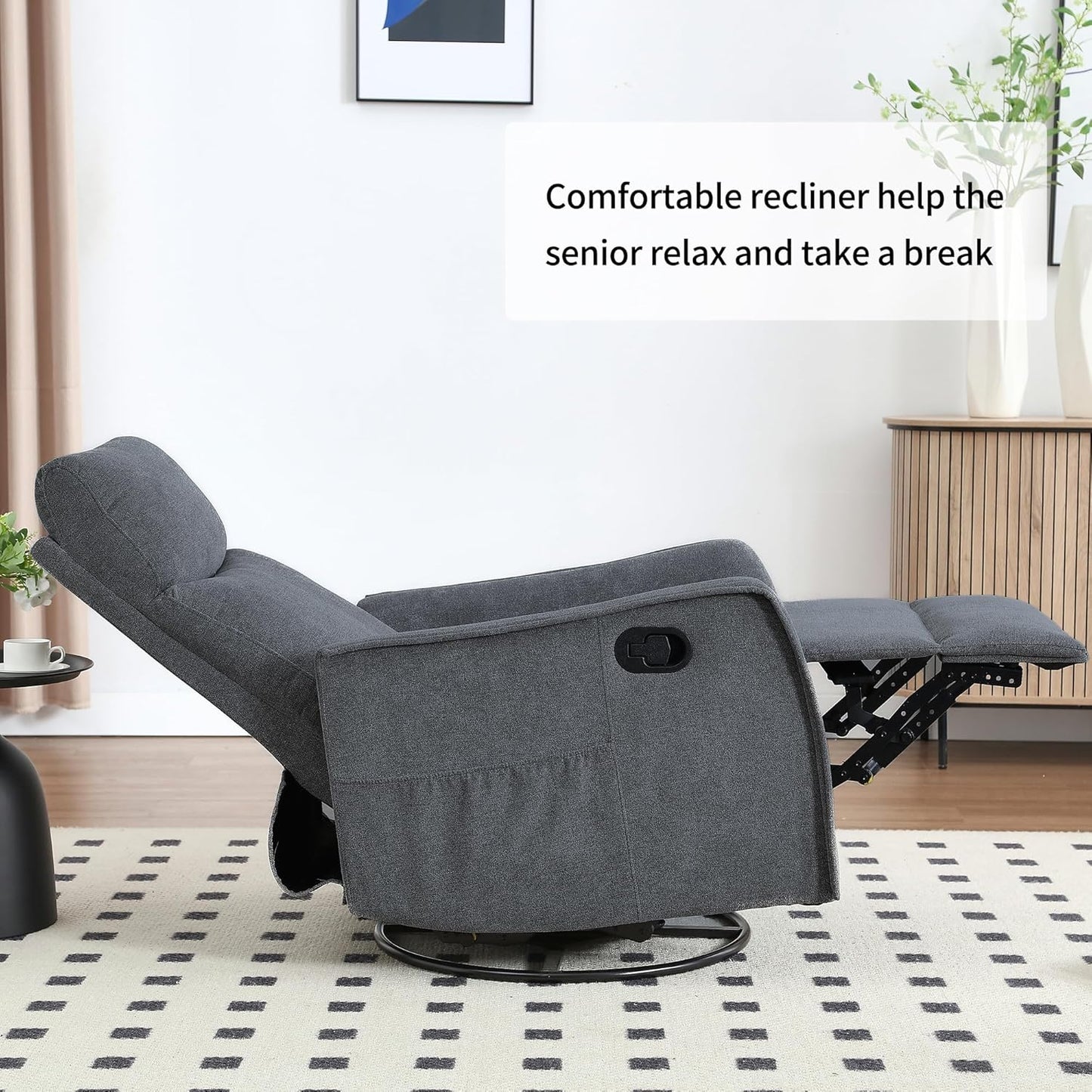 Swivel Rocker Recliner Chair for Adults, Nursery Rocking Chair with Heat and Massage, Glider Reclining Chair for Small Space Living Room Bedroom, Faux Leather Black