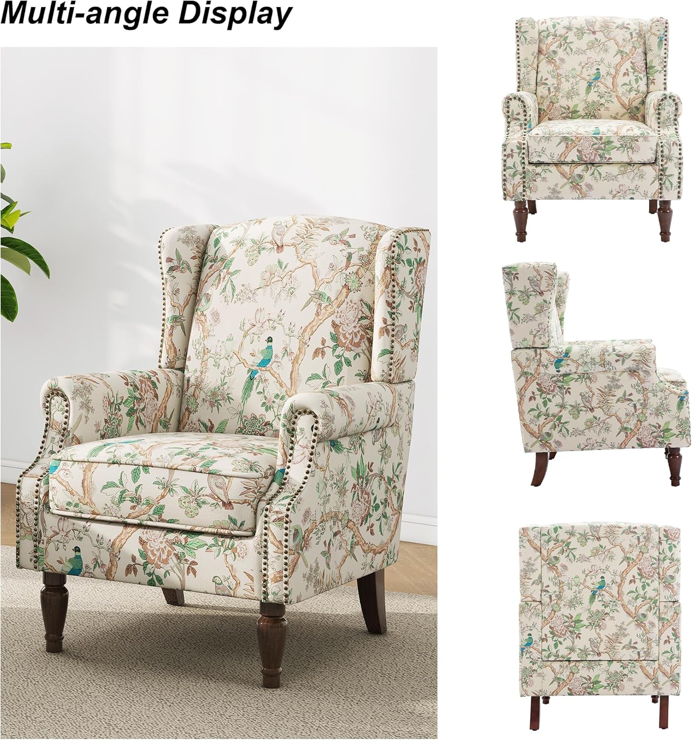 Swivel Rocker Recliner Chair, Manual Nursery Glider Recliner, Floral Fabric Wingback Accent Chair with Adjustable Backrest & Footrest for Small Spaces Living Room Bedroom (Plants Floral, Set of 1)