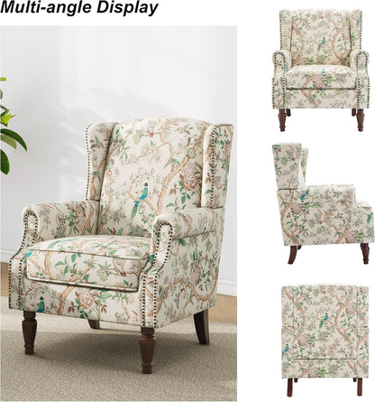 Swivel Rocker Recliner Chair, Manual Nursery Glider Recliner, Floral Fabric Wingback Accent Chair with Adjustable Backrest & Footrest for Small Spaces Living Room Bedroom (Plants Floral, Set of 1)