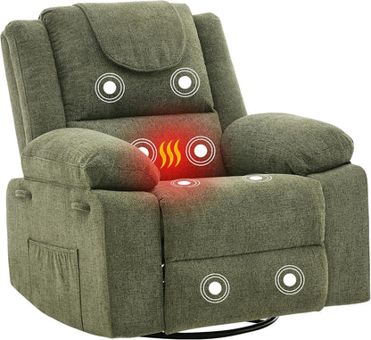 Adults Oversized Rocking Nursery Glider Recliner Chair,360° Swivel Rock Recliner Chairs Single Sofa with Vibration Massage and Heating for Living Room/Bedroom,Blue