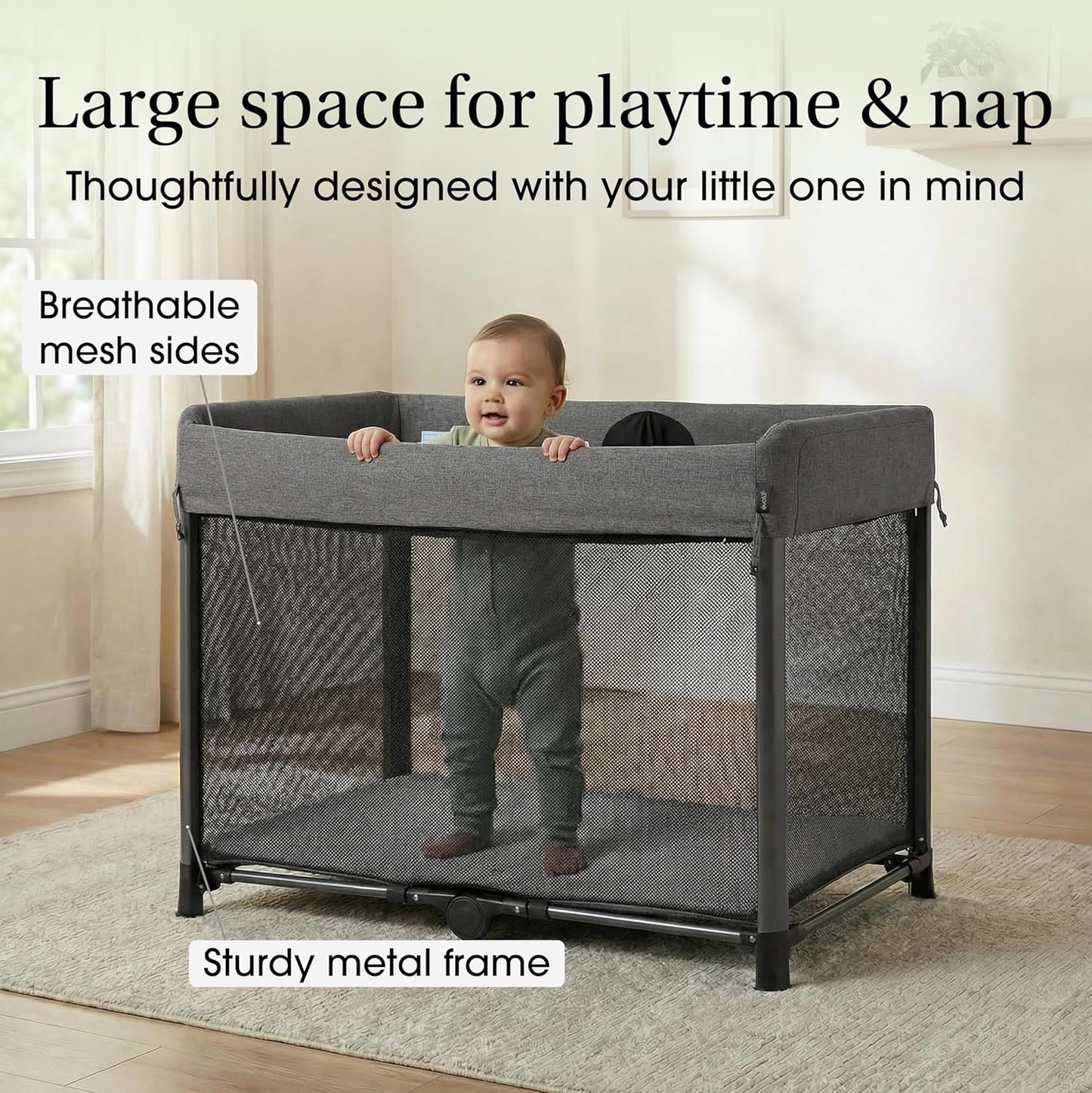 Evolur Zane Portable Playard with Instant Fold, Removable Mattress Cover & Full-Size Zipper Bassinet – Lightweight Travel Crib for Infant (0–18 Months) Grey