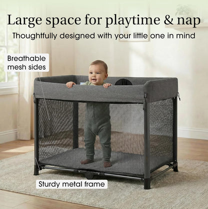 Evolur Zane Portable Playard with Instant Fold, Removable Mattress Cover & Full-Size Zipper Bassinet – Lightweight Travel Crib for Infant (0–18 Months) Grey