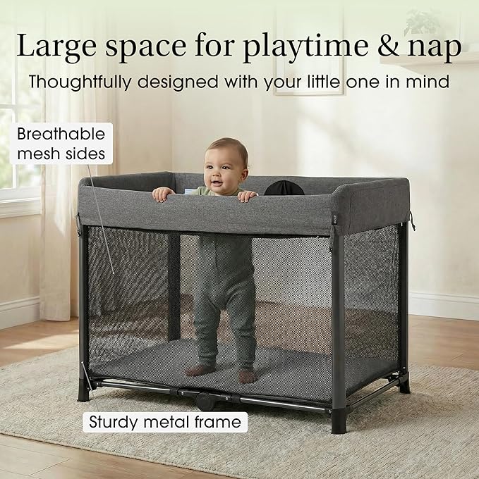 Evolur Zane Portable Playard with Instant Fold, Removable Mattress Cover & Full-Size Zipper Bassinet – Lightweight Travel Crib for Infant (0–18 Months) Grey
