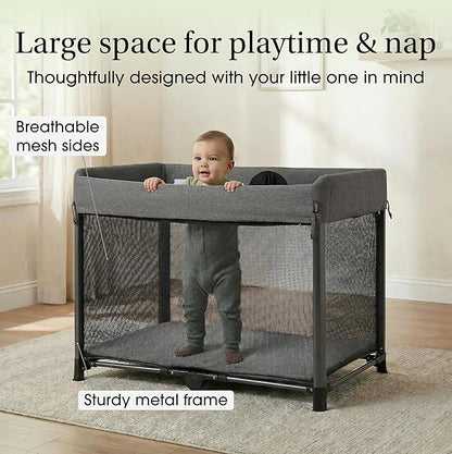 Evolur Zane Portable Playard with Instant Fold, Removable Mattress Cover & Full-Size Zipper Bassinet – Lightweight Travel Crib for Infant (0–18 Months) Grey